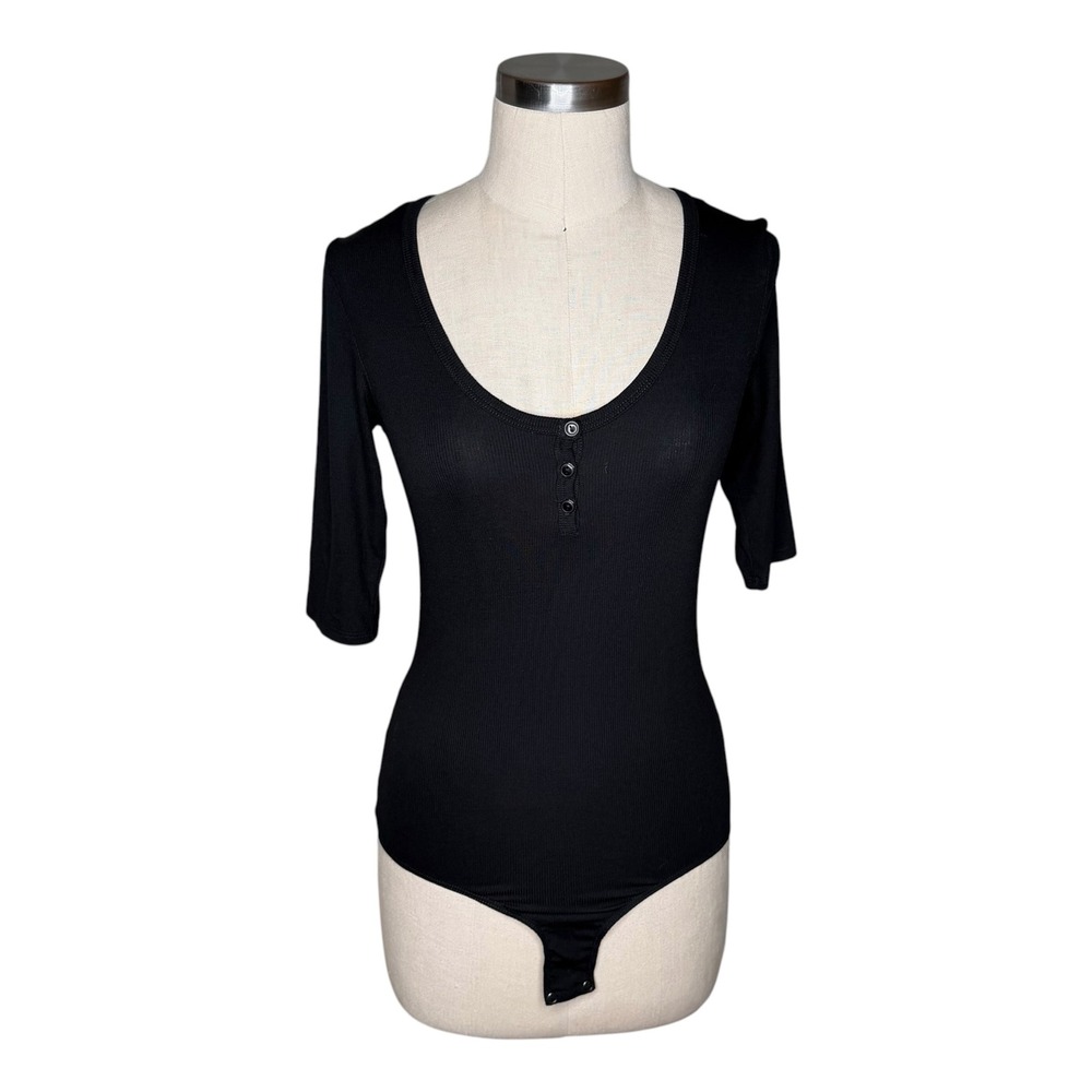 G. LABEL GOOP Annika Bodysuit Black‎ Ribbed Henley Elbow Sleeve Women's Medium